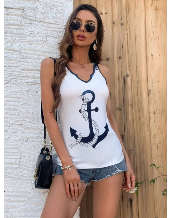 Kadın Kalp Yaka çıpa Baskılı Süprem Bluz