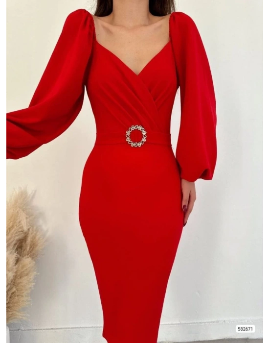 Kadın Kalp Yaka ırt Dekolteli Kemer Toka Detay Midi Boy Elbise