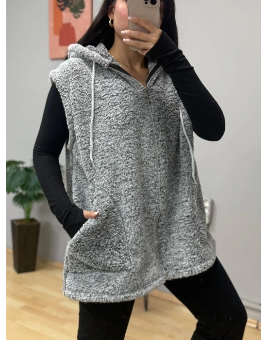 Kadın Kapüşon Ve Fermuar Detay Welsoft Kolsuz Yelek