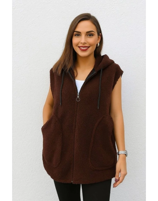Kadın Kapüşon Ve Fermuar Detay Welsoft Kolsuz Yelek