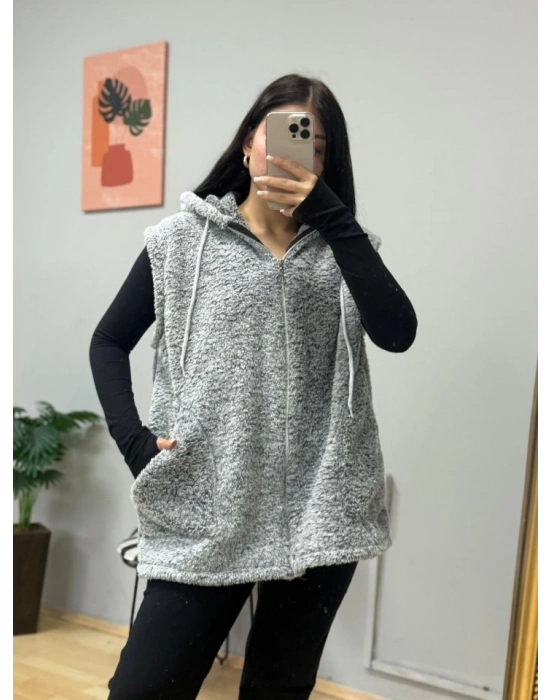Kadın Kapüşon Ve Fermuar Detay Welsoft Kolsuz Yelek