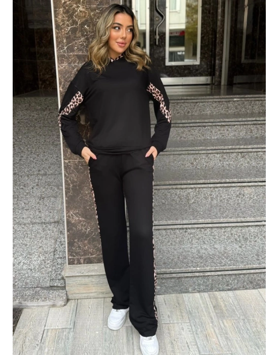 Kadın Kapüşonlu eopar Detay weat Ve Yüksek Bel Yanları eopar şeritli Bol Paça Pantolon Ikili Takım