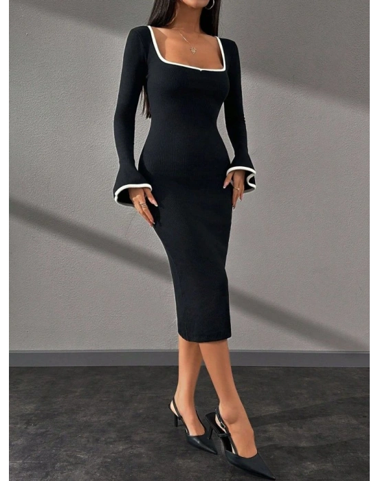 Kadın Kare Yaka Ispanyol Kol Ribana Detay Kaşkorse Kumaş Midi Boy Elbise