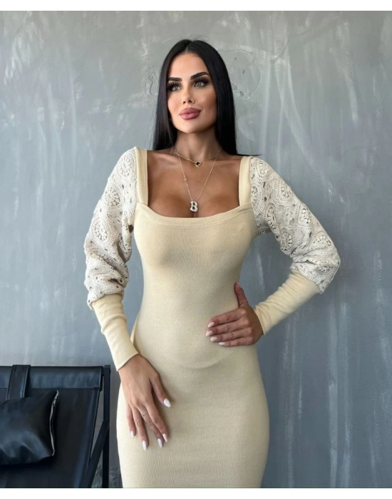 Kadın Kare Yaka Kolları anşet Ve Tül Detay Fırsat ürün idi Boy Elbise