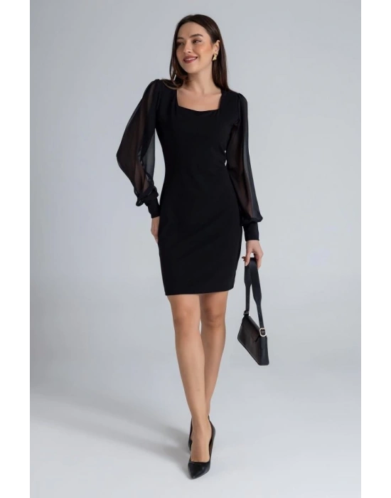 Kadın Kare Yaka Kolları Tül Sandy Kumaş Fırsat ürün Mini Siyah Elbise