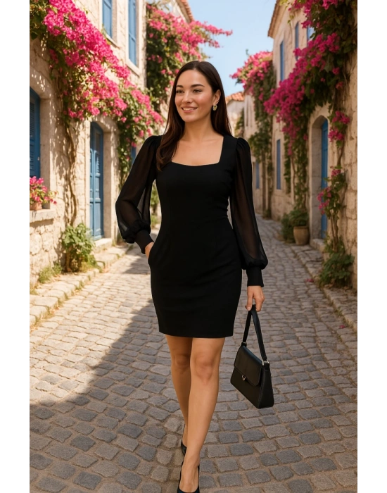 Kadın Kare Yaka Kolları Tül Sandy Kumaş Fırsat ürün Mini Siyah Elbise