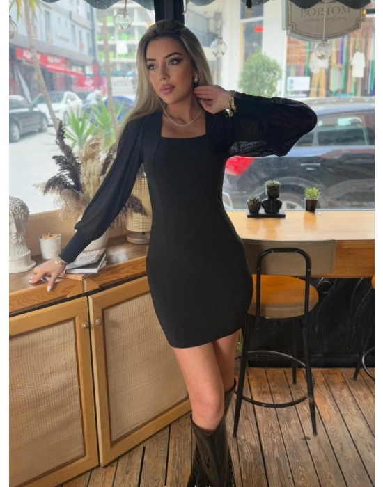 Kadın Kare Yaka Kolları Tül Sandy Kumaş Fırsat ürün Mini Siyah Elbise