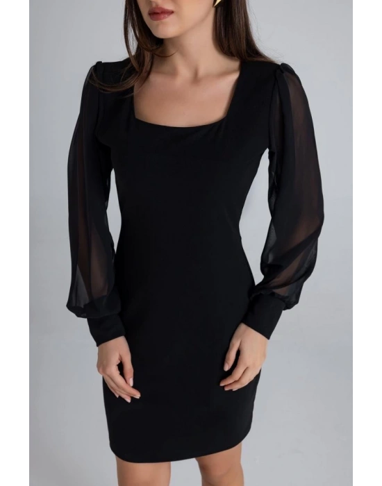 Kadın Kare Yaka Kolları Tül Sandy Kumaş Fırsat ürün Mini Siyah Elbise