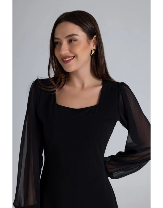 Kadın Kare Yaka Kolları Tül Sandy Kumaş Fırsat ürün Mini Siyah Elbise