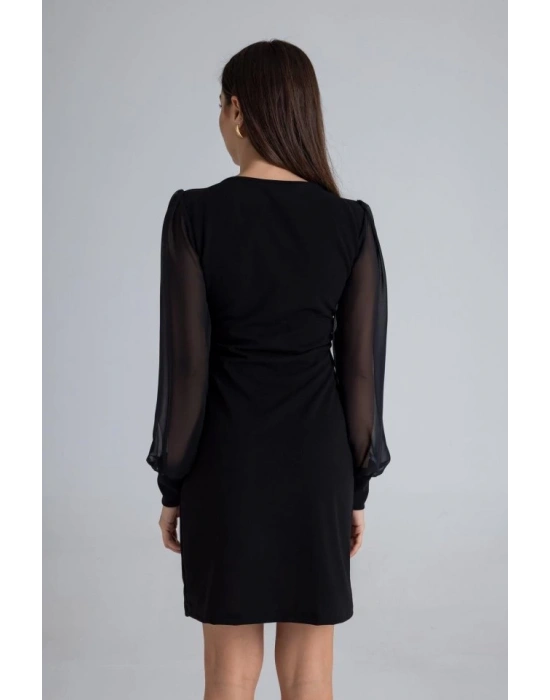 Kadın Kare Yaka Kolları Tül Sandy Kumaş Fırsat ürün Mini Siyah Elbise