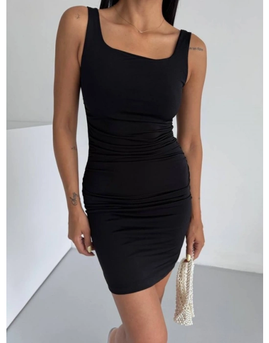 Kadın Kare Yaka Omuz Askılı ırt Dekoltesi Detay Büzgülü andy Kumaş ini Elbise