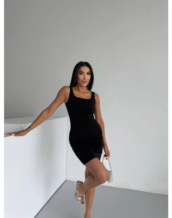 Kadın Kare Yaka Omuz Askılı ırt Dekoltesi Detay Büzgülü andy Kumaş ini Elbise