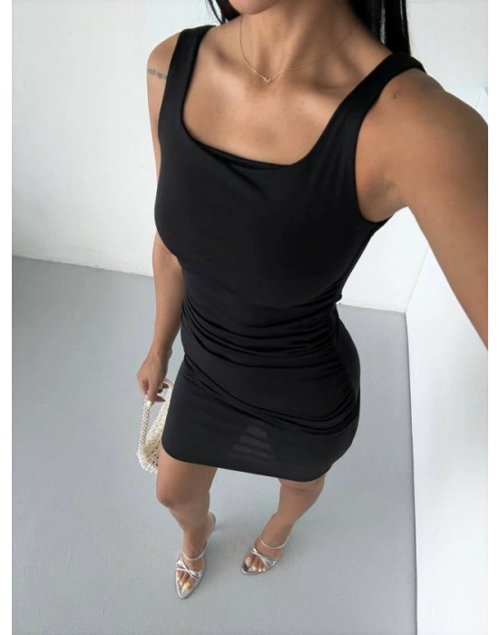 Kadın Kare Yaka Omuz Askılı ırt Dekoltesi Detay Büzgülü andy Kumaş ini Elbise