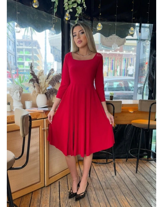 Kadın Kare Yaka Truvakar Kol Fırsat ürün Midi Boy Elbise