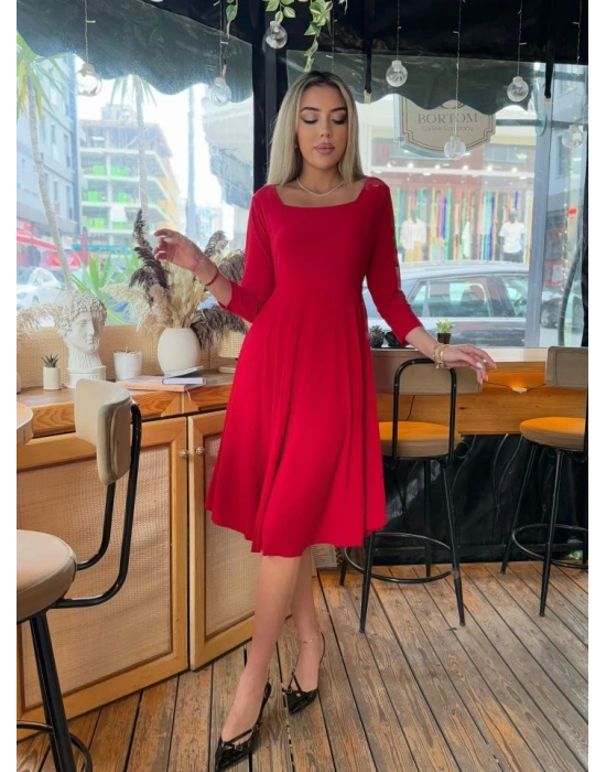 Kadın Kare Yaka Truvakar Kol Fırsat ürün Midi Boy Elbise