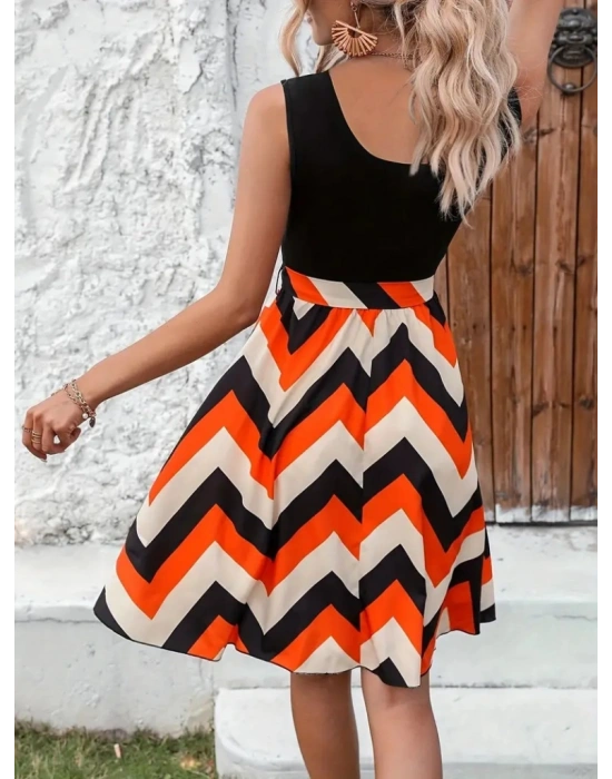 Kadın Kare Yaka üst Viskon Alt Zikzak Desenli Kesik Elyaf Süprem Elbise