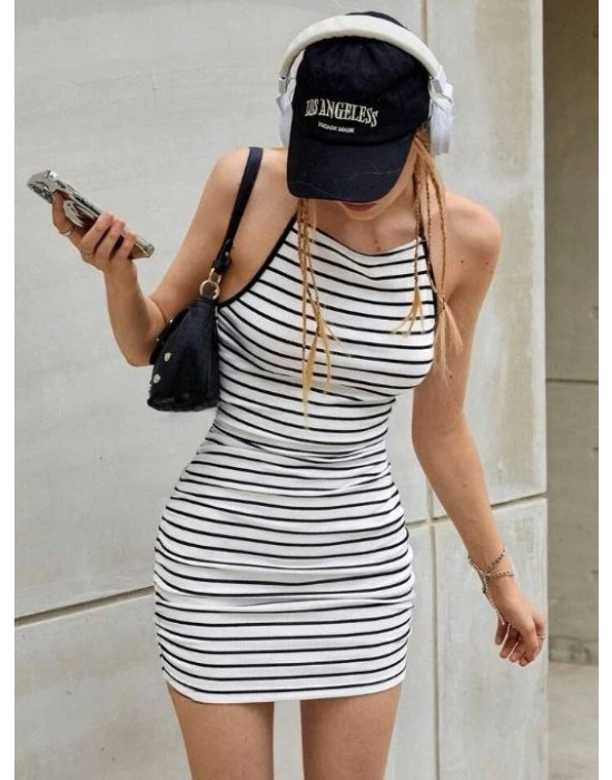 Kadın Kaşkorse Kumaş çizgili Ve Askılı Mini Elbise