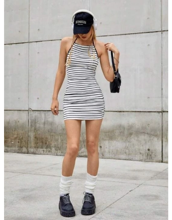 Kadın Kaşkorse Kumaş çizgili Ve Askılı Mini Elbise