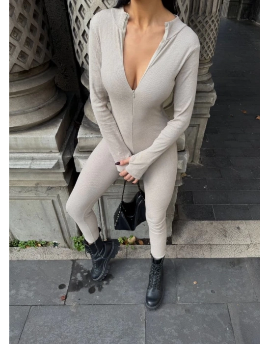 Kadın Kaşkorse Kumaş Fermuar Detaylı Tulum