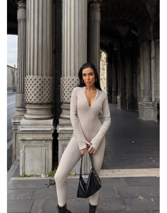 Kadın Kaşkorse Kumaş Fermuar Detaylı Tulum