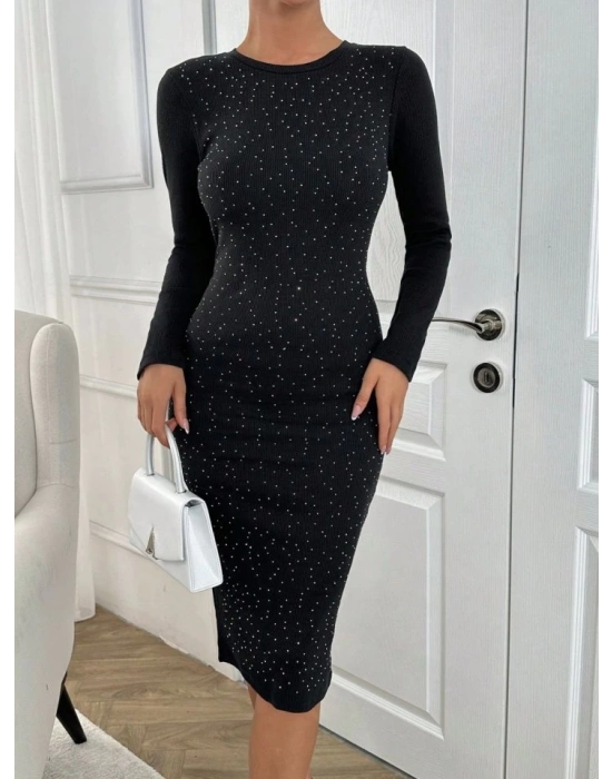 Kadın Kaşkorse Kumaş Taş Detaylı Uzun Kollu Midi Boy Elbise