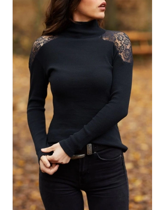 Kadın Kaşkorse Kumaş Tül Detaylı Uzun Kollu Bluz