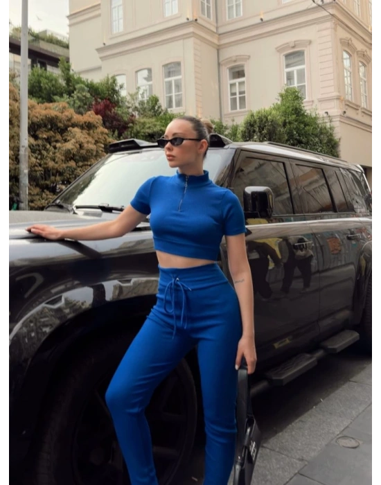 Kadın Kaşkorse Kumaş Yakası Fermuar Detaylı Tayt Takım