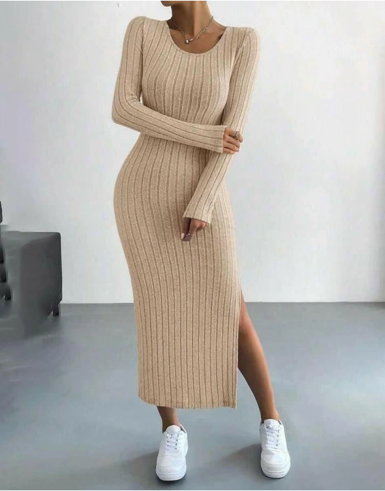 Kadın Kaşkorse Kumaş Yırtmaç Detaylı Uzun Kollu Elbise