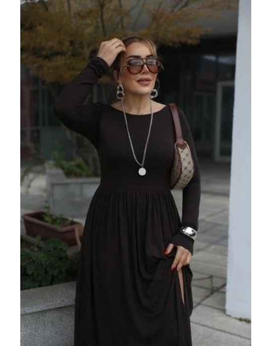 Kadın Kayık Yaka Sırt Dekoltesi Ve Yırtmaç Detay Maxi Boy Elbise