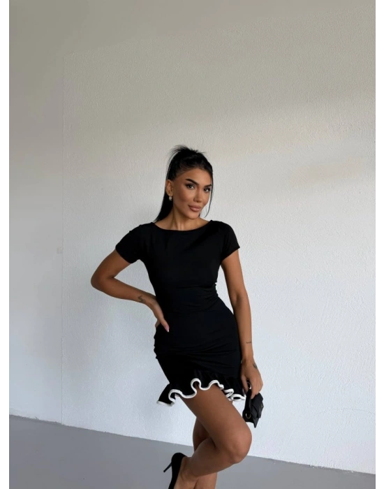 Kadın Kayık Yaka Kısa Kollu Eteği Olan Detay Dalgıç Kumaş ini Elbise