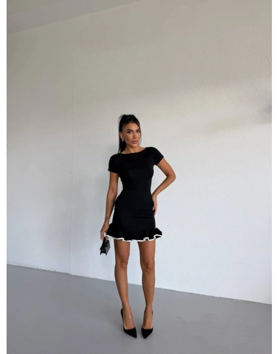 Kadın Kayık Yaka Kısa Kollu Eteği Olan Detay Dalgıç Kumaş ini Elbise