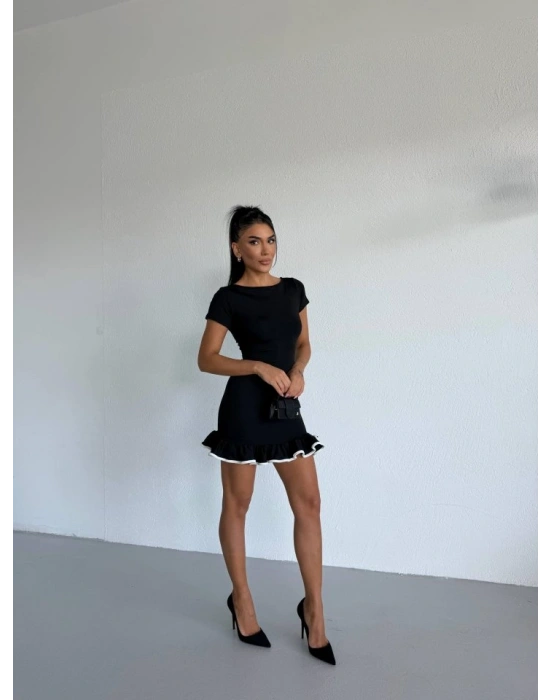 Kadın Kayık Yaka Kısa Kollu Eteği Olan Detay Dalgıç Kumaş ini Elbise