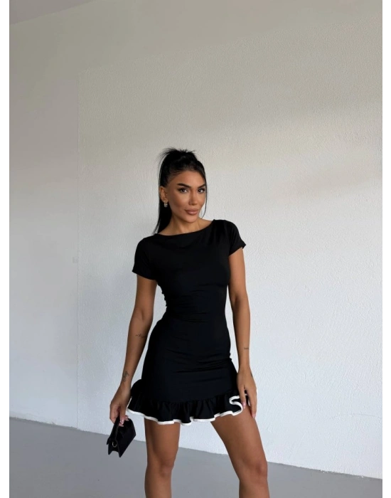 Kadın Kayık Yaka Kısa Kollu Eteği Olan Detay Dalgıç Kumaş ini Elbise