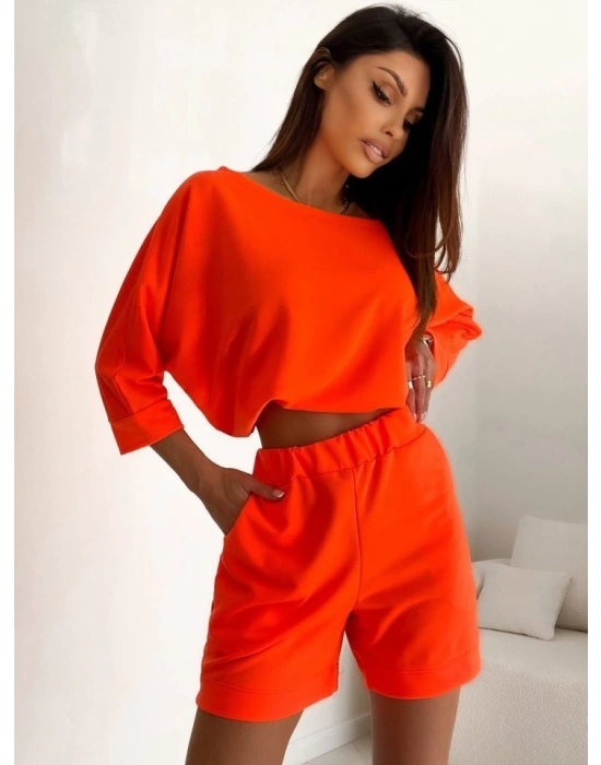 Kadın Kayık Yaka Oversize Asimetrik Bluz Ve şort Iki Iplik Takım