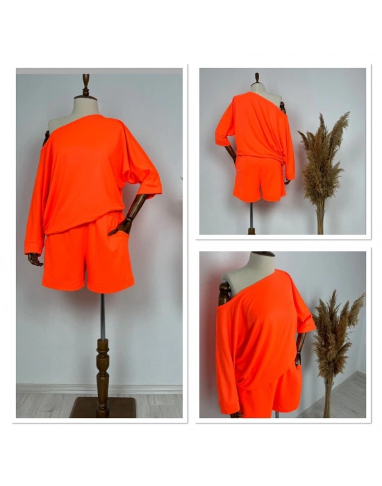 Kadın Kayık Yaka Oversize Asimetrik Bluz Ve şort Iki Iplik Takım