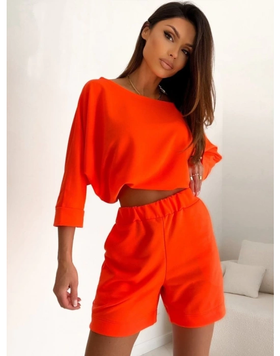 Kadın Kayık Yaka Oversize Asimetrik Bluz Ve şort Iki Iplik Takım