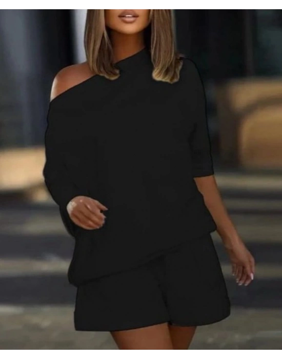 Kadın Kayık Yaka Salaş Iki Iplik Bluz Ve şort Ikili Takım