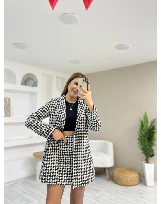 Kadın Kazayağı Desen Vatka Detay Kaban Ve Yüksek Bel Etek Ikili Takım