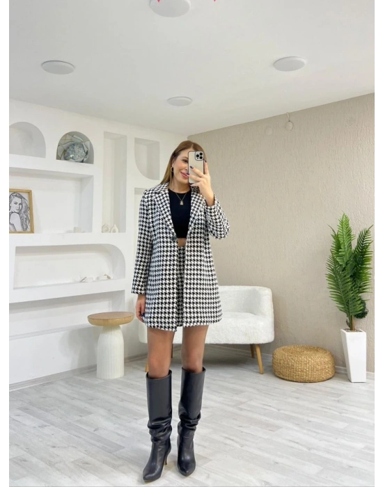 Kadın Kazayağı Desen Vatka Detay Kaban Ve Yüksek Bel Etek Ikili Takım