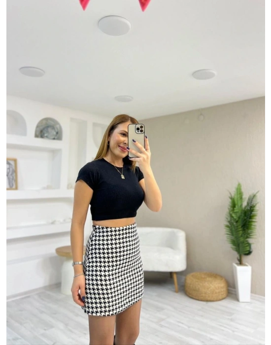 Kadın Kazayağı Desen Vatka Detay Kaban Ve Yüksek Bel Etek Ikili Takım