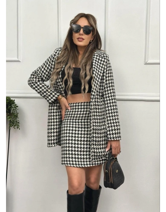 Kadın Kazayağı Desen Vatka Detay Kaban Ve Yüksek Bel Etek Ikili Takım