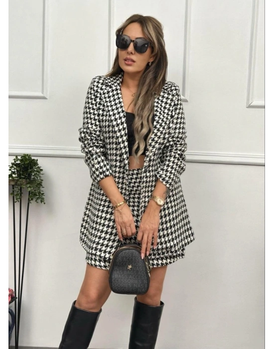 Kadın Kazayağı Desen Vatka Detay Kaban Ve Yüksek Bel Etek Ikili Takım