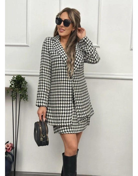 Kadın Kazayağı Desen Vatka Detay Kaban Ve Yüksek Bel Etek Ikili Takım