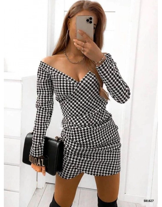 Kadın Kazayağı Desenli Kruvaze Yaka Mini Krep Elbise