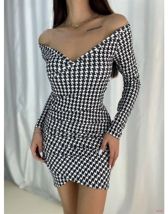 Kadın Kazayağı Desenli Kruvaze Yaka Mini Krep Elbise