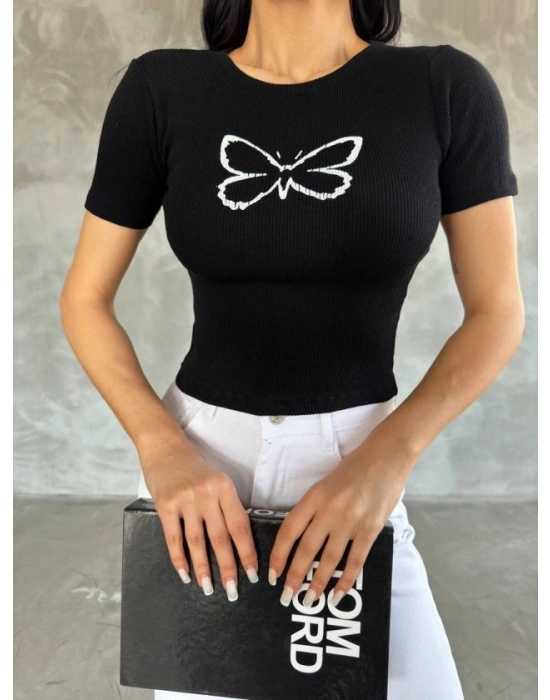 Kadın Kelebek Desenli Bisiklet Yaka Fit Bluz