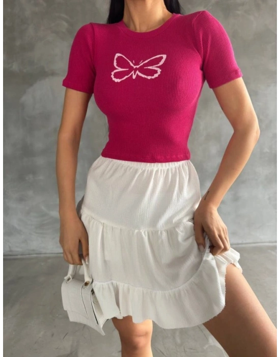 Kadın Kelebek Desenli Bisiklet Yaka Fit Bluz