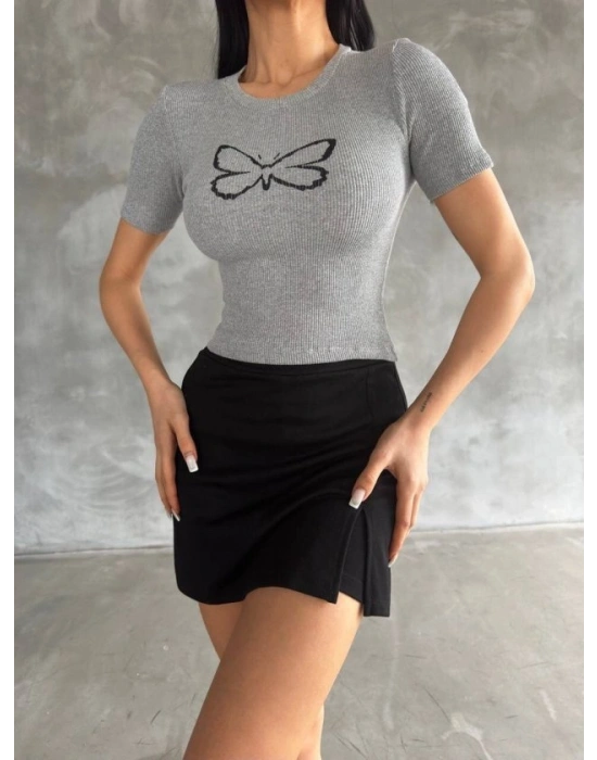 Kadın Kelebek Desenli Bisiklet Yaka Fit Bluz