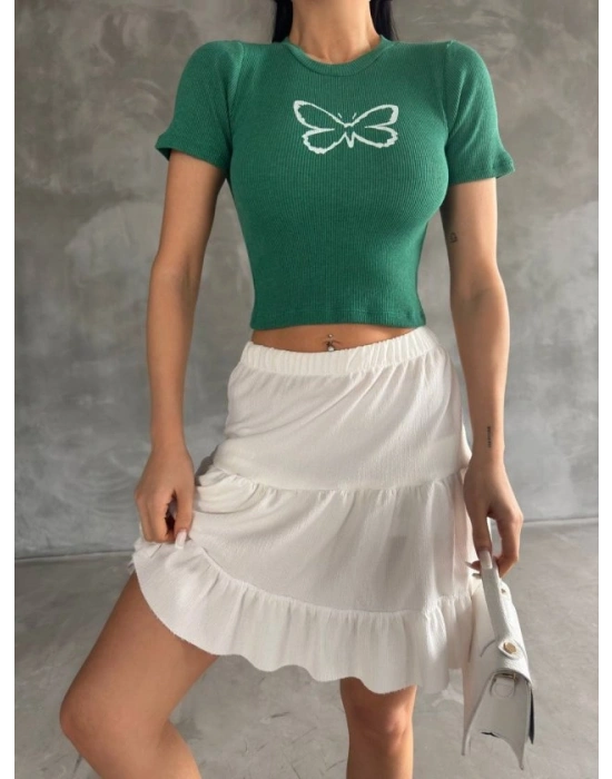 Kadın Kelebek Desenli Bisiklet Yaka Fit Bluz