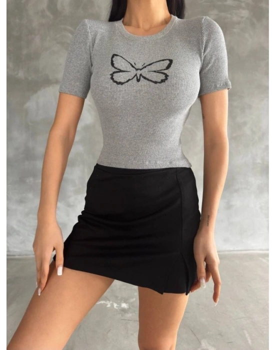 Kadın Kelebek Desenli Bisiklet Yaka Fit Bluz